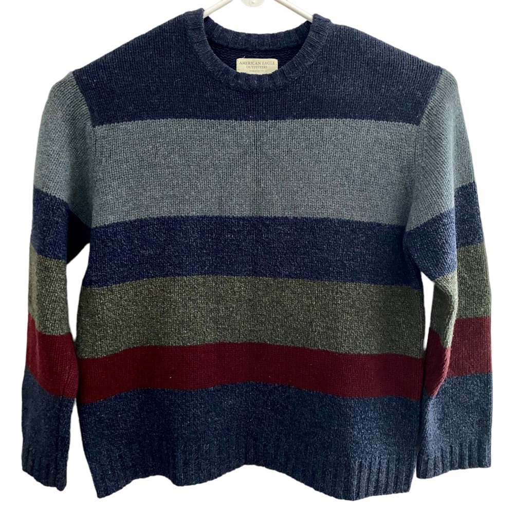 Y2K American Eagle Thick Striped 100% Lambswool Sweater Size Large